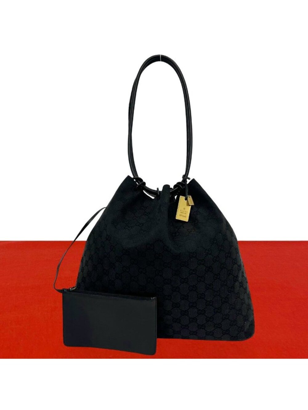 Gucci GG Canvas Pattern Leather Drawstring Shoulder Bag Tote Black